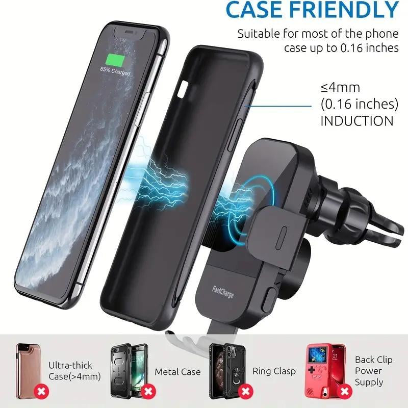 Wireless Car Dashboard Phone Holder Charger, 15W Fast Charging Auto Clamping Car Air Vent Phone Mount Charger, Compatible with Iphone Samsung Galaxy