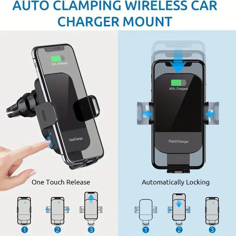 Wireless Car Dashboard Phone Holder Charger, 15W Fast Charging Auto Clamping Car Air Vent Phone Mount Charger, Compatible with Iphone Samsung Galaxy