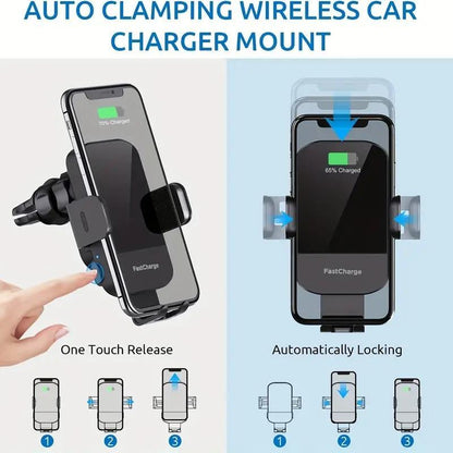 Wireless Car Dashboard Phone Holder Charger, 15W Fast Charging Auto Clamping Car Air Vent Phone Mount Charger, Compatible with Iphone Samsung Galaxy